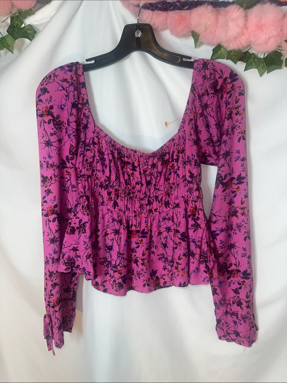 Urban Outfitters Magenta Floral Smocked Peplum Long-Sleeve Top
